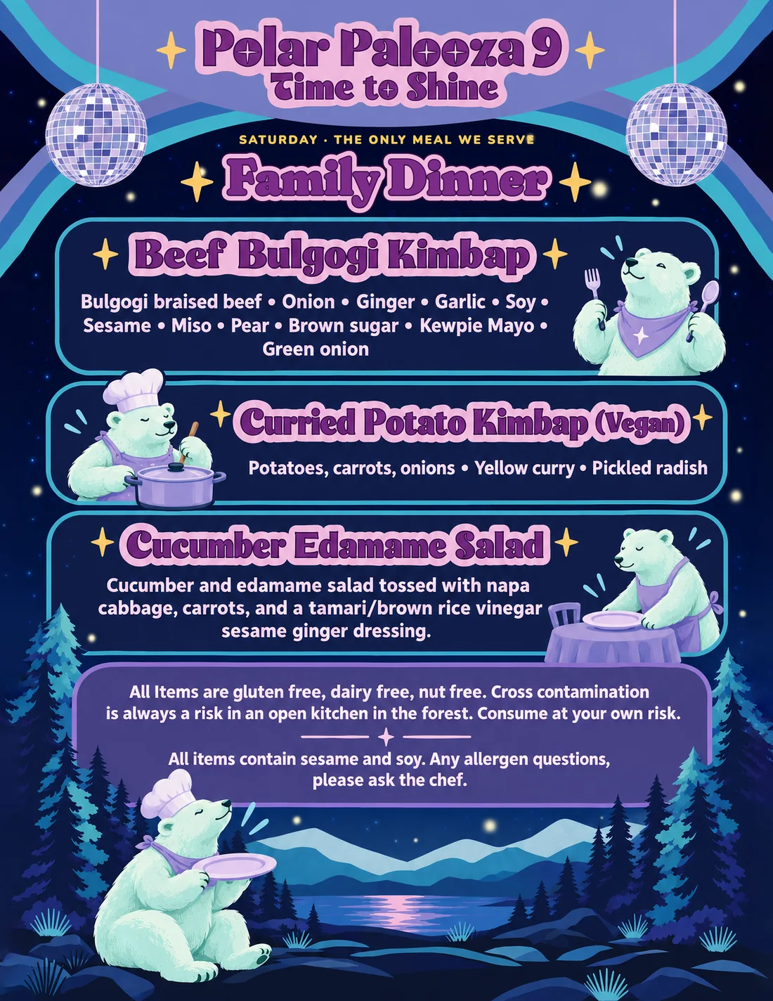 The Saturday family dinner menu card, the only meal served all weekend, with polar bear chefs.